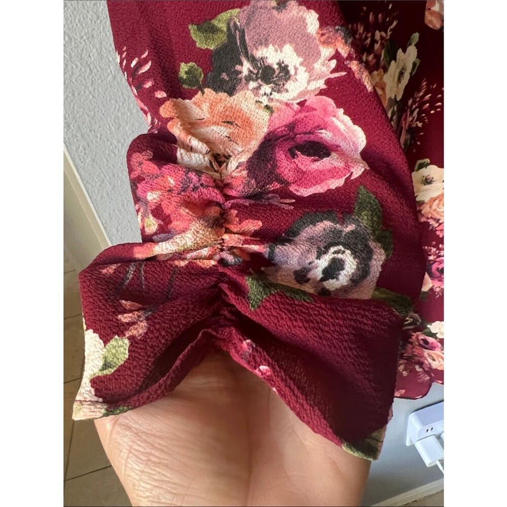Women's Burgundy Floral Lace-Up Long Sleeve Dress - Picture 4 of 6